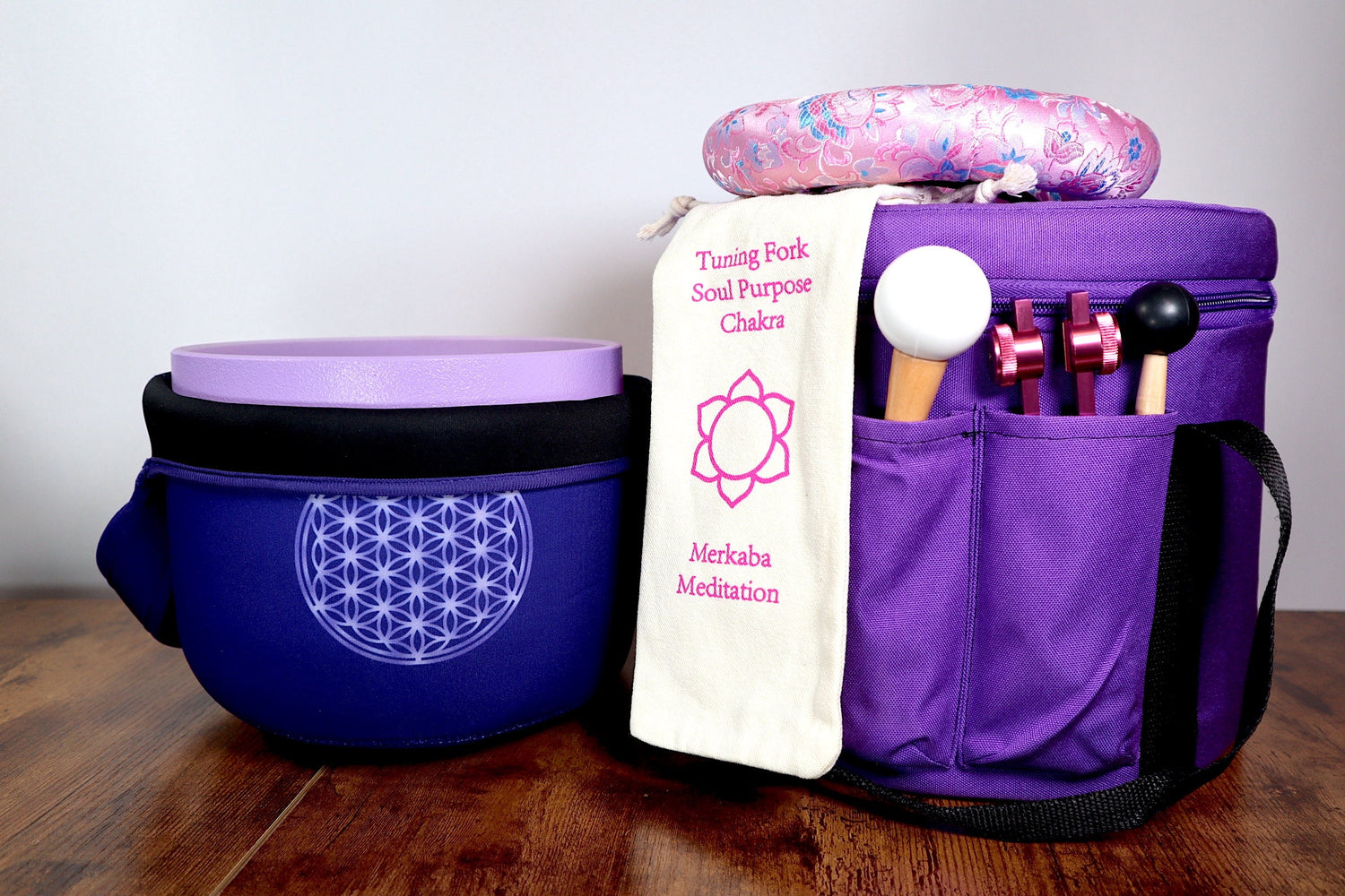 Merkaba Tuning Fork And High Vibration Crown Chakra 8" Crystal Singing Bowl 432HZ B-Note w/ Bag Bundle, Gift For Her