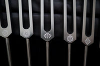 Myriad Melodies' Professionally Tuned .25 Secret Solfeggio - Classic 9pc Set - Limited Edition Gray, Chakra Printed Engrams, Biofield,