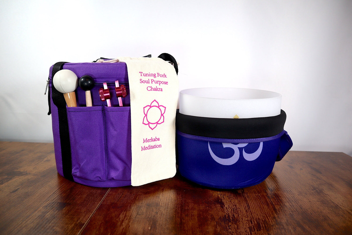 432 Hz Om Printed Heart Chakra 8” Crystal Singing Bowl and Soul Purpose Tuning Fork w/ Bag Bundle, Cushion, Mallet, Striker, Carry Case