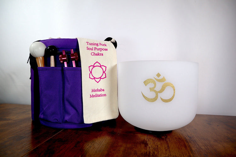 432 Hz Om Printed Heart Chakra 8” Crystal Singing Bowl and Soul Purpose Tuning Fork w/ Bag Bundle, Cushion, Mallet, Striker, Carry Case