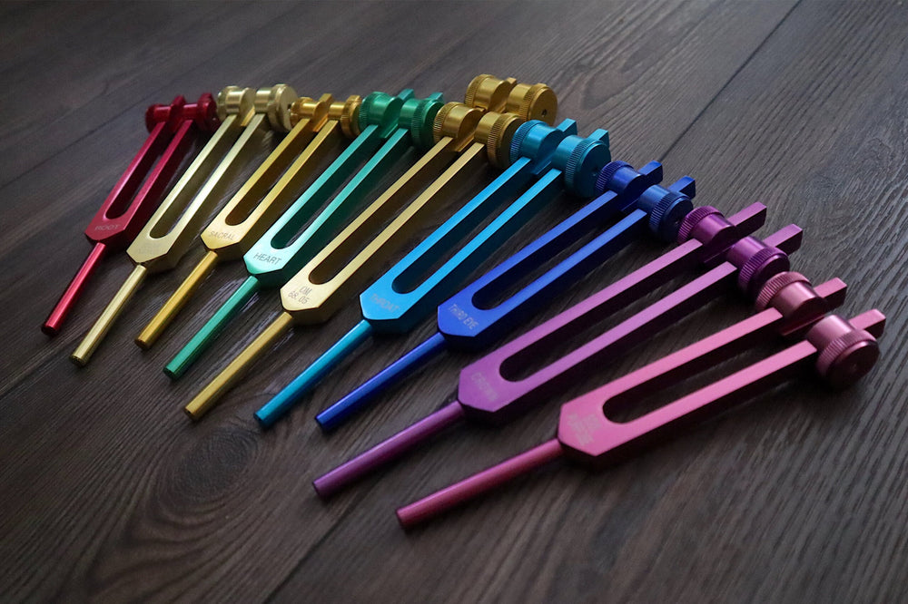 Tuning Fork Holder - 10pc Holder with Tumbled Gemstone - Professionally Crafted Bamboo with Chakra Symbols, Sound Vibration