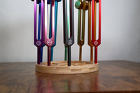Tuning Fork Holder - 10pc Holder with Tumbled Gemstone - Professionally Crafted Bamboo with Chakra Symbols, Sound Vibration