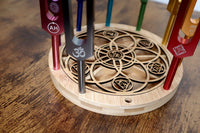 Tuning Fork Holder - 10pc Holder with Tumbled Gemstone - Professionally Crafted Bamboo with Chakra Symbols, Sound Vibration