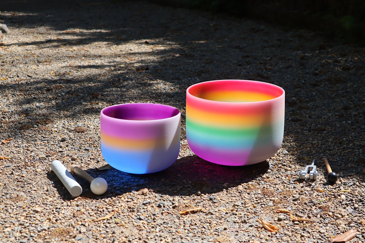 528 Hz 8" Starlight Root Chakra and 432 Hz 10" Rainbow Heart Chakra Bundle with Tuning Fork - Mallet, Suede Striker, Case, Sound Vibration