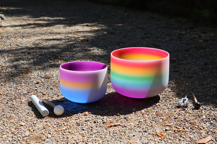 528 Hz 8" Starlight Root Chakra and 432 Hz 10" Rainbow Heart Chakra Bundle with Tuning Fork - Mallet, Suede Striker, Case, Sound Vibration