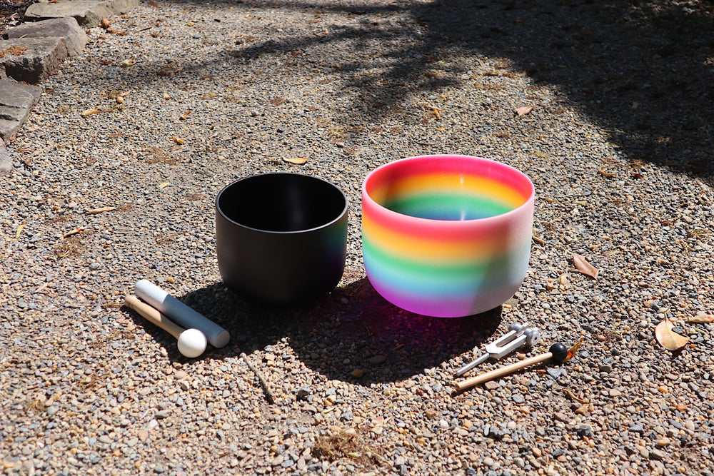 528 Hz 8" Gravity Bowl Root Chakra and 432 Hz 10" Rainbow Heart Chakra Bundle with Tuning Fork - Mallet, Striker, Case, Sound Vibration