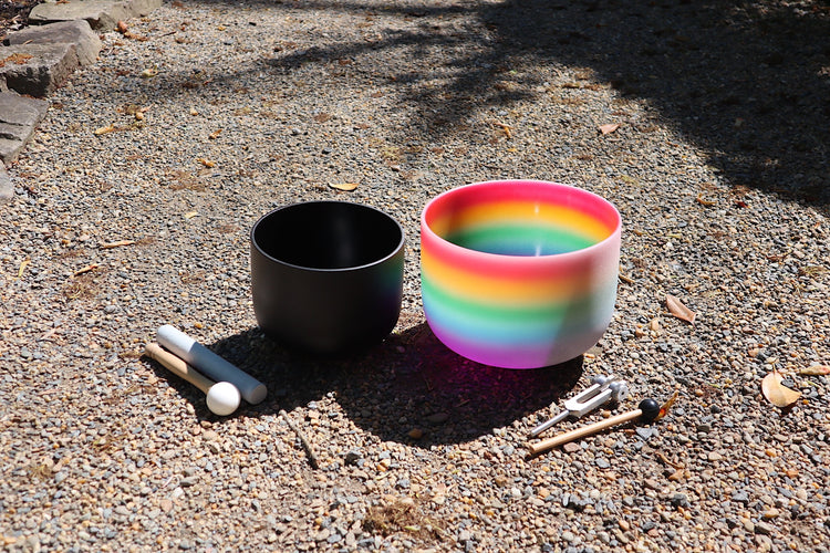 528 Hz 8" Gravity Bowl Root Chakra and 432 Hz 10" Rainbow Heart Chakra Bundle with Tuning Fork - Mallet, Striker, Case, Sound Vibration