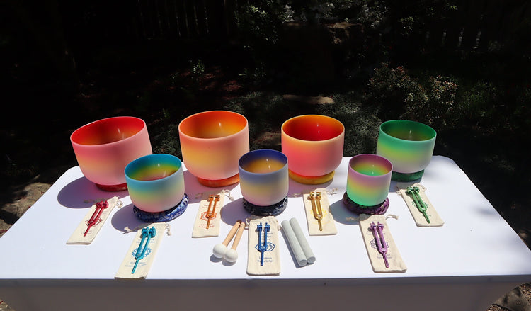 Myriad Melodies' Perfect Pitch (5 Cents) 432 Hz Rainbow Bowl Set - 10 Chakra Tuning Forks - 10 Crystal Attenuators - Protective Cases