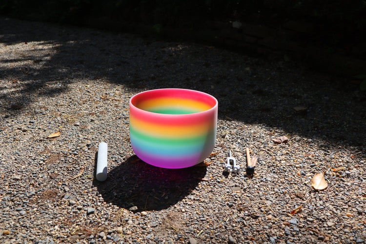 432 Hz 10" Rainbow Crystal Singing C Note Bowl And 174 Hz Solfeggio Tuning Fork - 99% Quartz Crystal, Mallet, With Padded Carry Case