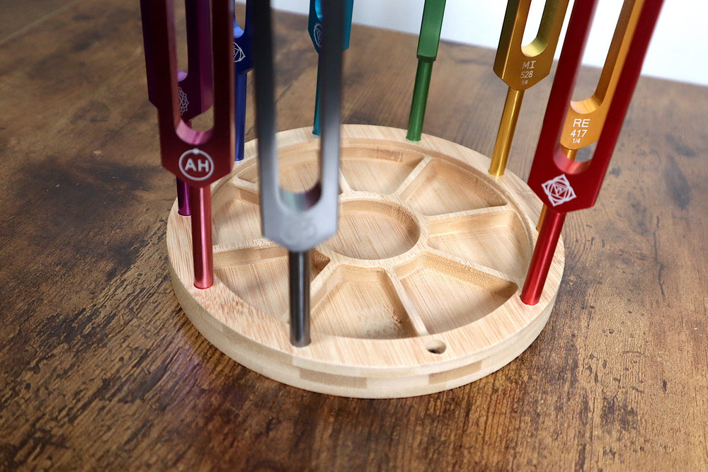Tuning Fork Holder - 10pc Holder with Tumbled Gemstone - Professionally Crafted Bamboo with Chakra Symbols, Sound Vibration