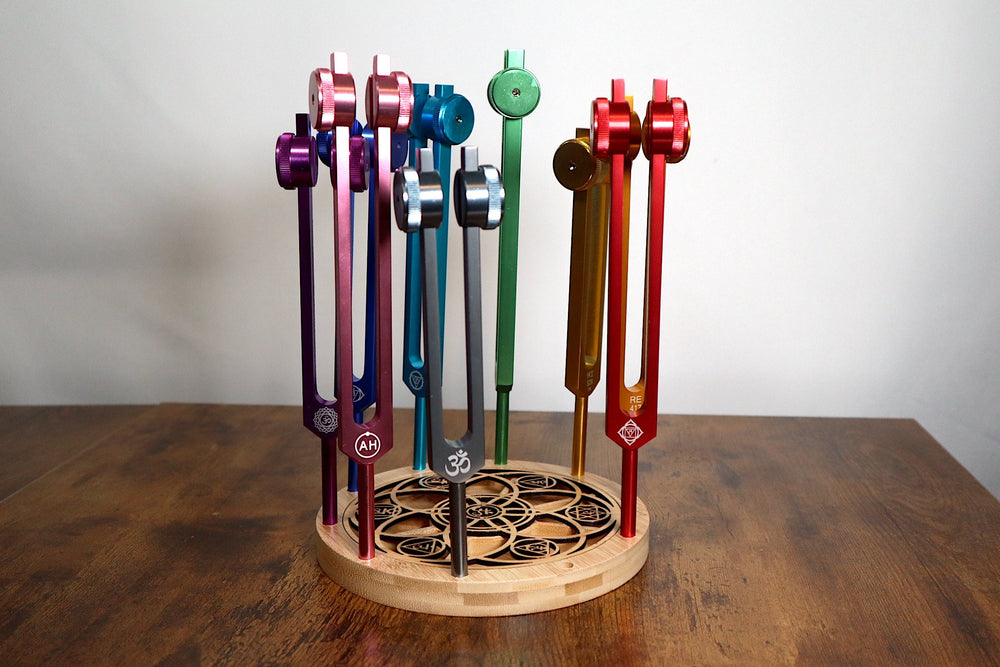 Tuning Fork Holder - 10pc Holder with Tumbled Gemstone - Professionally Crafted Bamboo with Chakra Symbols, Sound Vibration