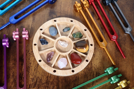 Tuning Fork Holder - 10pc Holder with Tumbled Gemstone - Professionally Crafted Bamboo with Chakra Symbols, Sound Vibration