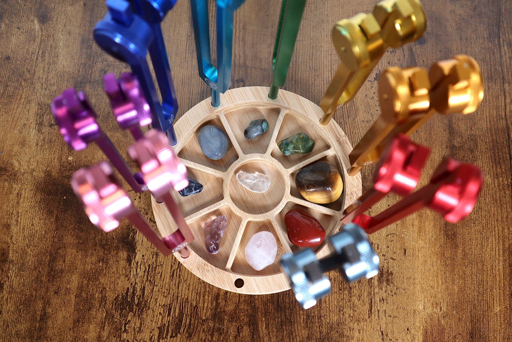 Tuning Fork Holder - 10pc Holder with Tumbled Gemstone - Professionally Crafted Bamboo with Chakra Symbols, Sound Vibration