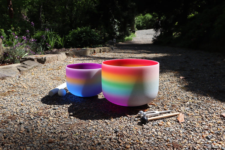 528 Hz 8" Starlight Root Chakra and 432 Hz 10" Rainbow Heart Chakra Bundle with Tuning Fork - Mallet, Suede Striker, Case, Sound Vibration