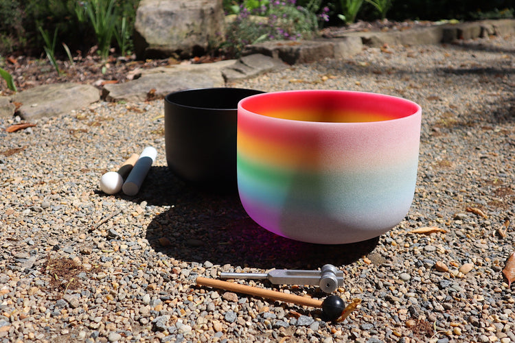 528 Hz 8" Gravity Bowl Root Chakra and 432 Hz 10" Rainbow Heart Chakra Bundle with Tuning Fork - Mallet, Striker, Case, Sound Vibration