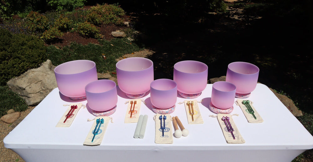Myriad Melodies' Perfect Pitch (5 Cents) 432 Hz High Vibrational Set - 10 Chakra Tuning Forks - 10 Crystal Attenuators - Protective Cases