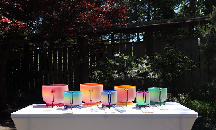 Myriad Melodies' Perfect Pitch (5 Cents) 432 Hz Rainbow Bowl Set - 10 Chakra Tuning Forks - 10 Crystal Attenuators - Protective Cases