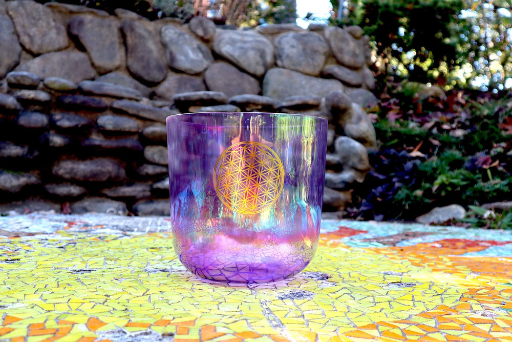 Flower Of Life Heart Chakra Bowl - Premium Clear 8" Crystal Singing Bowl w/ Tuning Fork - 432 Hz Perfect Pitch, Suede Striker, O-Ring, Case