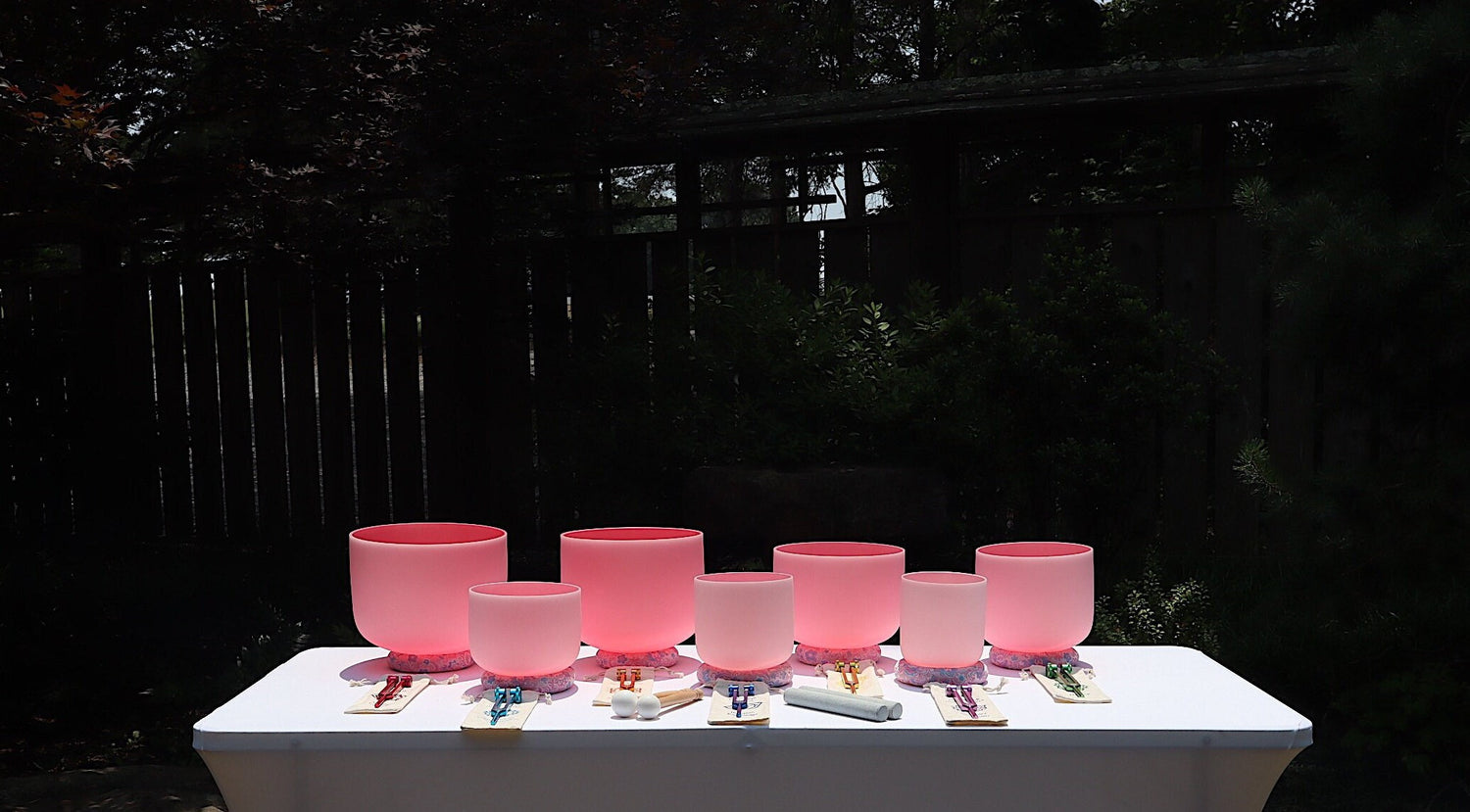 Myriad Melodies' Perfect Pitch (5 Cents) 432 Hz Light Pink Set - 10 Chakra Tuning Forks - 10 Crystal Attenuators - Protective Cases