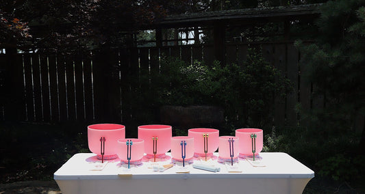 Myriad Melodies' Perfect Pitch (5 Cents) 432 Hz Light Pink Set - 10 Chakra Tuning Forks - 10 Crystal Attenuators - Protective Cases