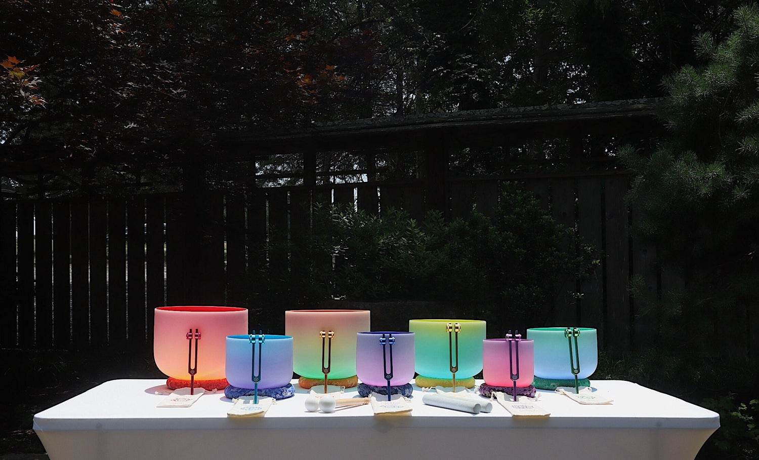 Myriad Melodies' Perfect Pitch (5 Cents) 432 Hz Chakra Light Set - 10 Chakra Tuning Forks - 10 Crystal Attenuators - Protective Cases