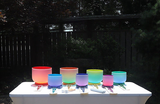 Myriad Melodies' Perfect Pitch (5 Cents) 432 Hz Chakra Light Set - 10 Chakra Tuning Forks - 10 Crystal Attenuators - Protective Cases