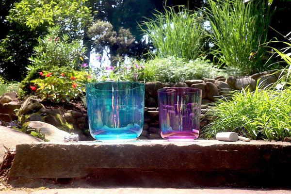 Cosmic Blue and Purple Soul Star - Premium Clear Crystal Singing Bowls w/ Tuning Fork - Perfect Pitch 432Hz G and A# Note