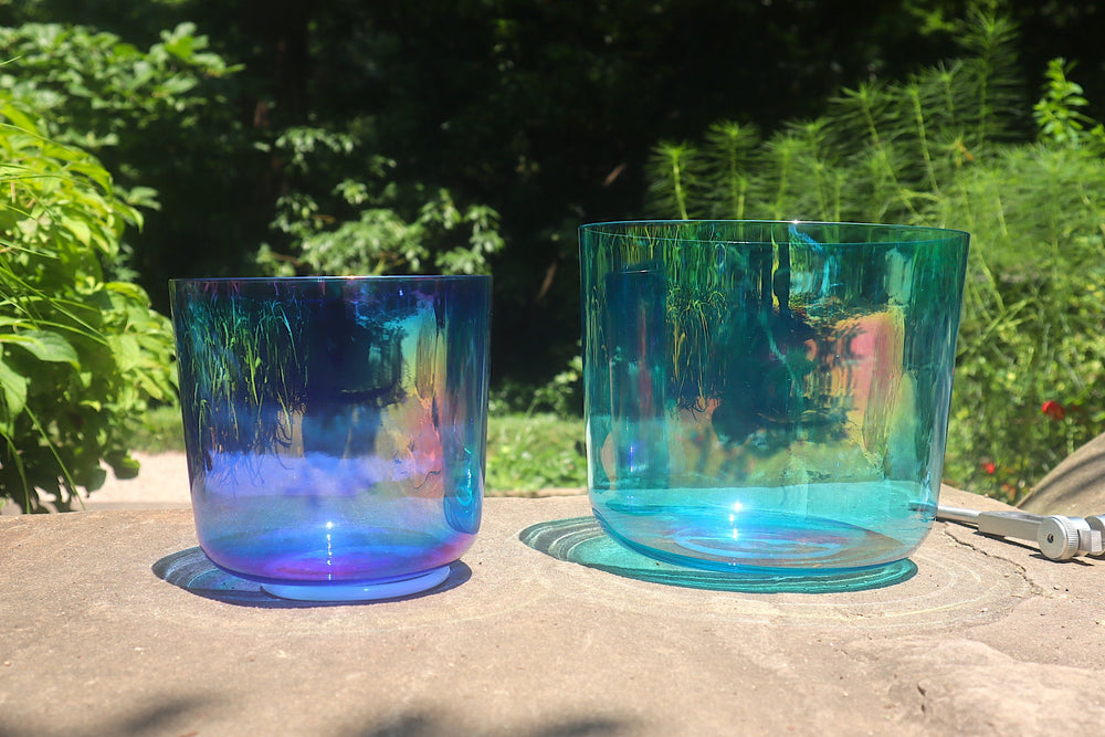 Cosmic Blue and Indigo - Premium Clear Crystal Singing Bowls w/ Tuning Fork - Perfect Pitch 432Hz G and A Note