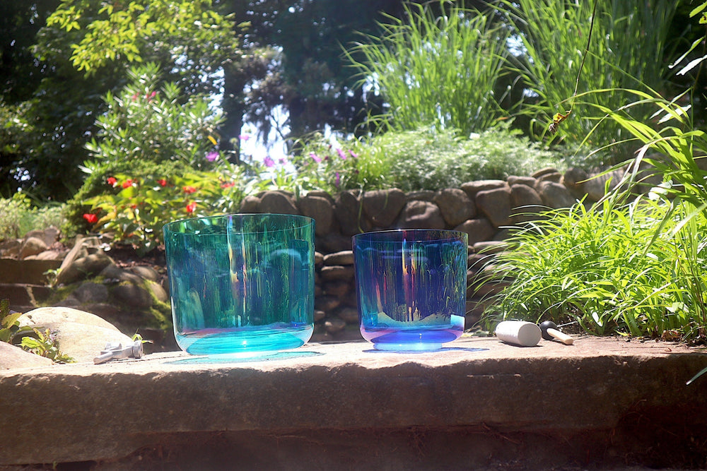 Cosmic Blue and Indigo - Premium Clear Crystal Singing Bowls w/ Tuning Fork - Perfect Pitch 432Hz G and A Note