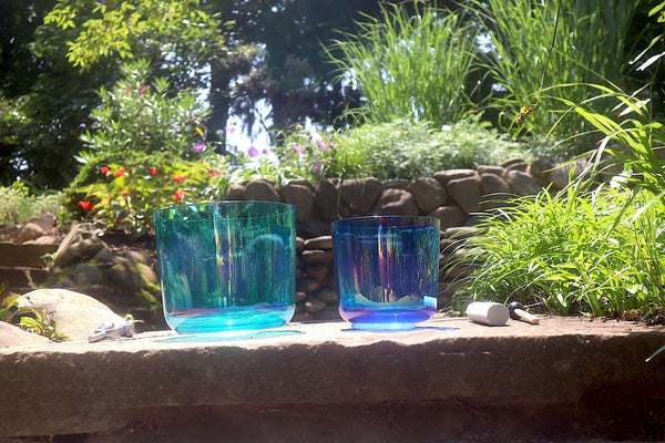 Cosmic Blue and Indigo - Premium Clear Crystal Singing Bowls w/ Tuning Fork - Perfect Pitch 432Hz G and A Note
