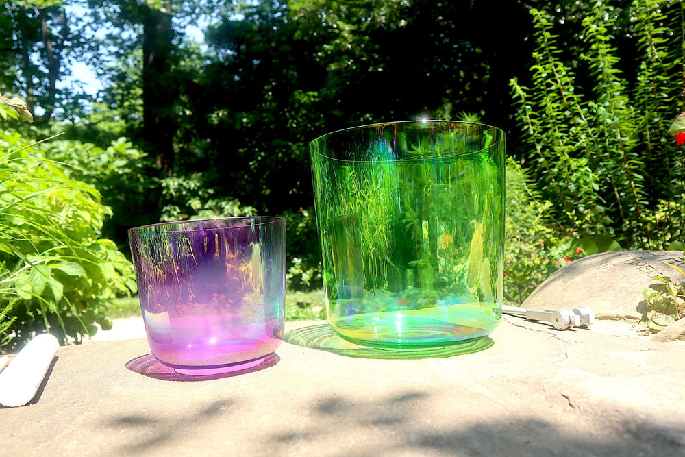 Cosmic Green and Purple - Premium Clear Crystal Singing Bowls w/ Tuning Fork - Perfect Pitch 432Hz F and B Note