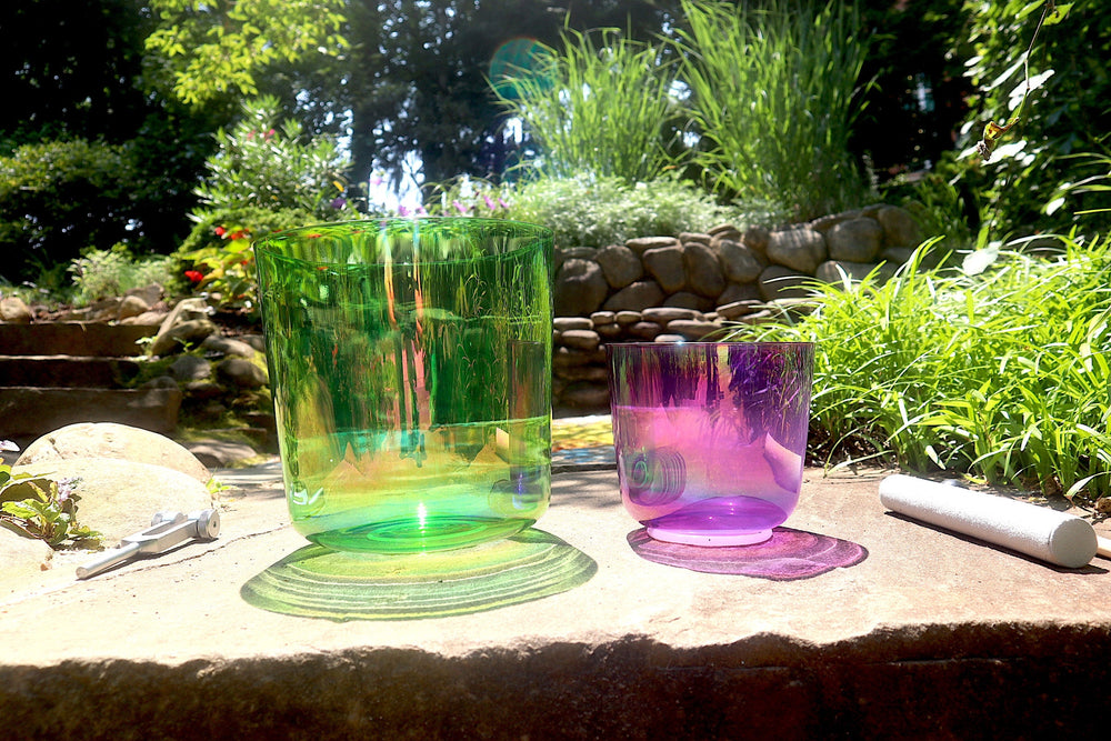 Cosmic Green and Purple - Premium Clear Crystal Singing Bowls w/ Tuning Fork - Perfect Pitch 432Hz F and B Note