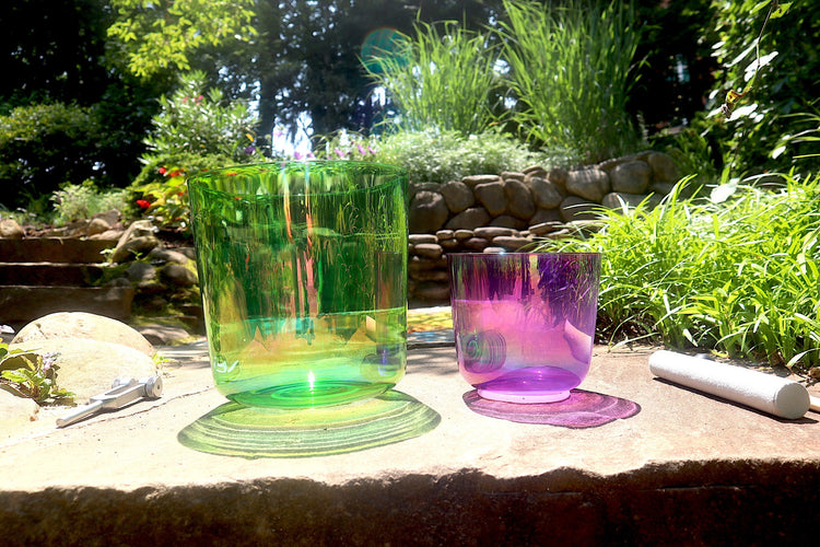 Cosmic Green and Purple - Premium Clear Crystal Singing Bowls w/ Tuning Fork - Perfect Pitch 432Hz F and B Note
