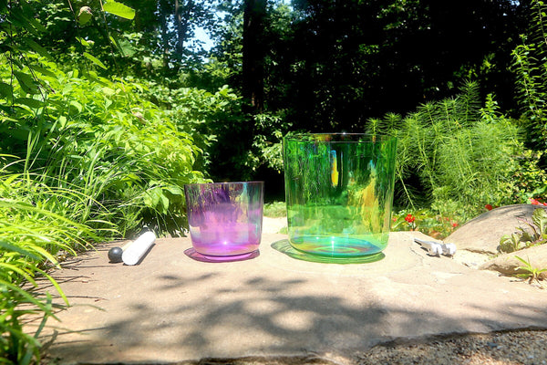 Cosmic Green and Purple - Premium Clear Crystal Singing Bowls w/ Tuning Fork - Perfect Pitch 432Hz F and B Note