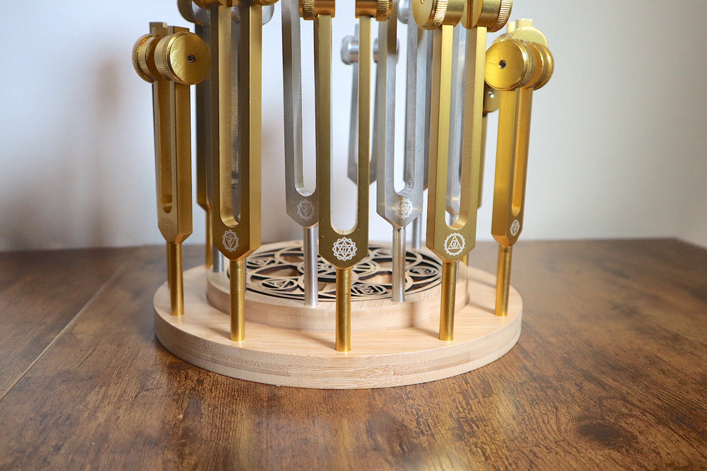 Tuning Fork Holder - 22pc Holder with Tumbled Gemstone - Professionally Crafted with Chakra Symbols, Sound Vibration