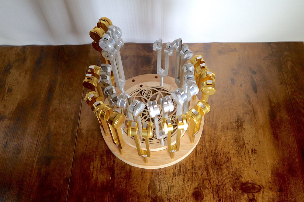 Tuning Fork Holder - 22pc Holder with Tumbled Gemstone - Professionally Crafted with Chakra Symbols, Sound Vibration