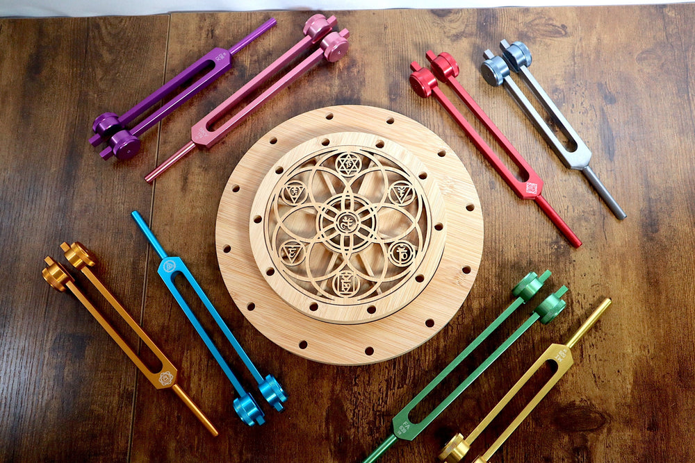 Tuning Fork Holder - 22pc Holder with Tumbled Gemstone - Professionally Crafted with Chakra Symbols, Sound Vibration