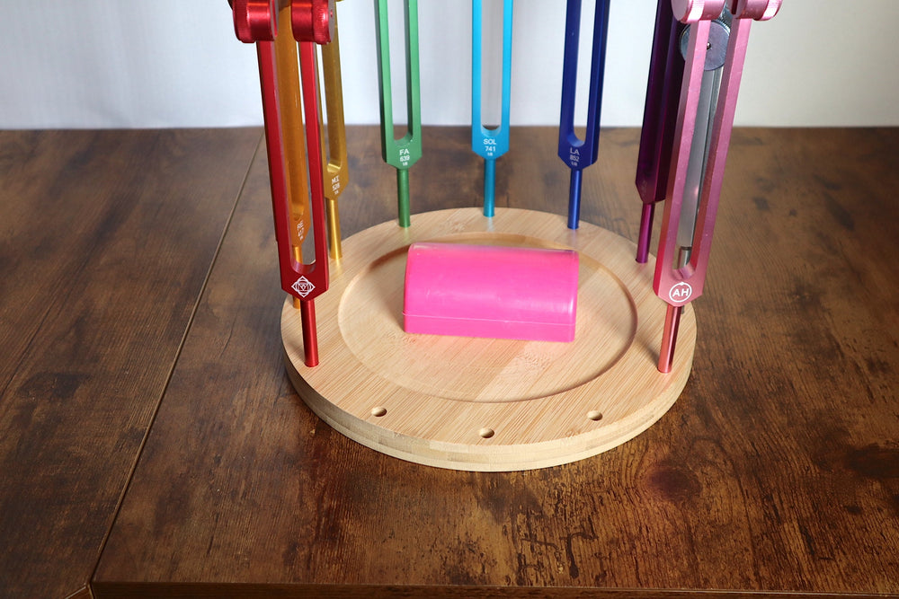 Tuning Fork Holder - 22pc Holder with Tumbled Gemstone - Professionally Crafted with Chakra Symbols, Sound Vibration