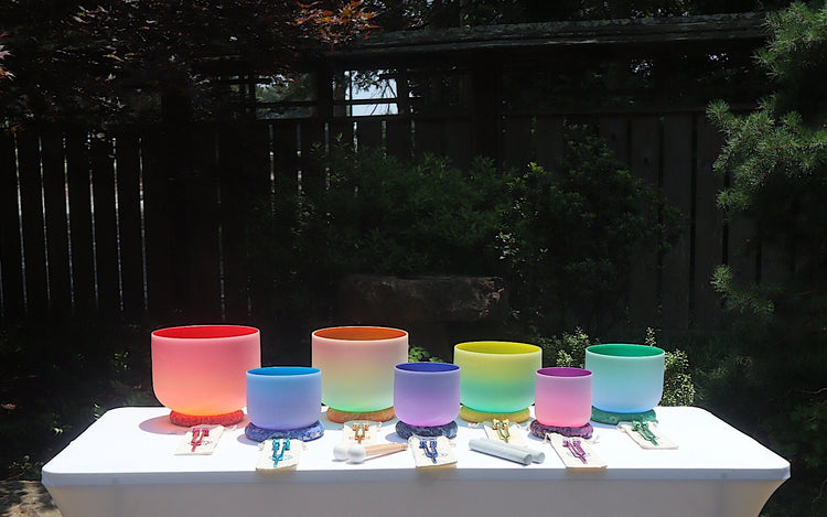 Myriad Melodies' Perfect Pitch (5 Cents) 432 Hz Chakra Light Set - 10 Chakra Tuning Forks - 10 Crystal Attenuators - Protective Cases