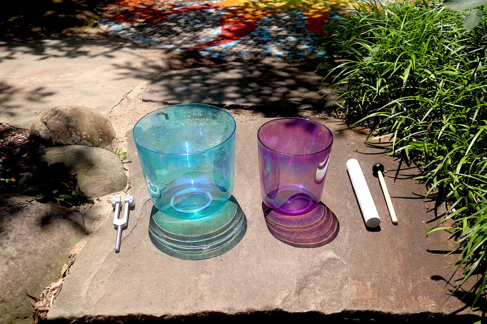 Cosmic Blue and Purple Soul Star - Premium Clear Crystal Singing Bowls w/ Tuning Fork - Perfect Pitch 432Hz G and A# Note