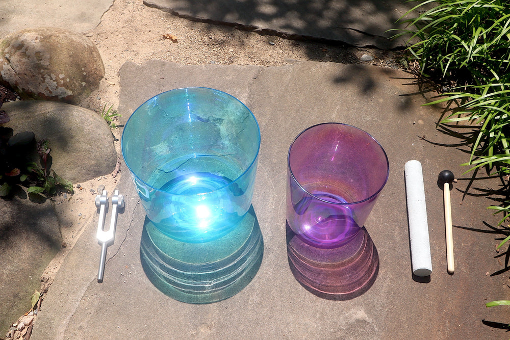 Cosmic Blue and Purple Soul Star - Premium Clear Crystal Singing Bowls w/ Tuning Fork - Perfect Pitch 432Hz G and A# Note