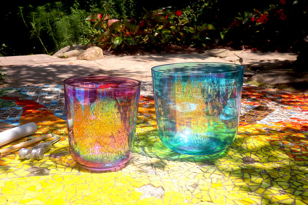 Cosmic Blue and Purple Soul Star - Premium Clear Crystal Singing Bowls w/ Tuning Fork - Perfect Pitch 432Hz G and A# Note