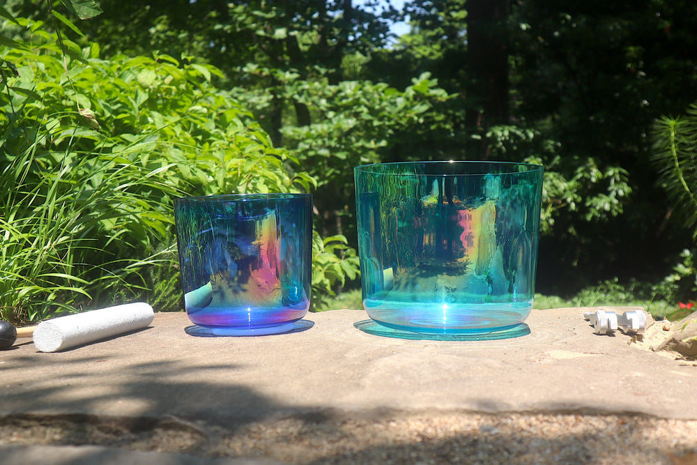 Cosmic Blue and Indigo - Premium Clear Crystal Singing Bowls w/ Tuning Fork - Perfect Pitch 432Hz G and A Note