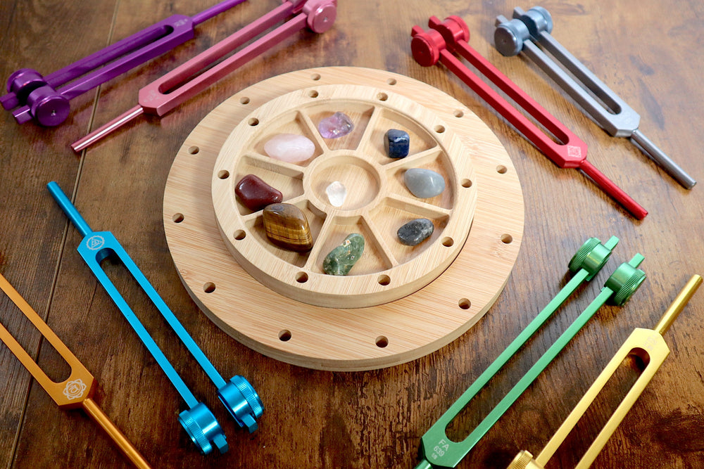 Tuning Fork Holder - 22pc Holder with Tumbled Gemstone - Professionally Crafted with Chakra Symbols, Sound Vibration