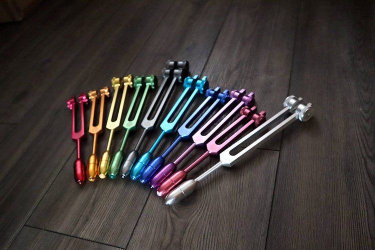 Myriad Melodies' Professionally Tuned .25 9pc Chakra Tuning Forks with 10pc Crystal Massage Attenuator Set - Biofield, Sound Vibration
