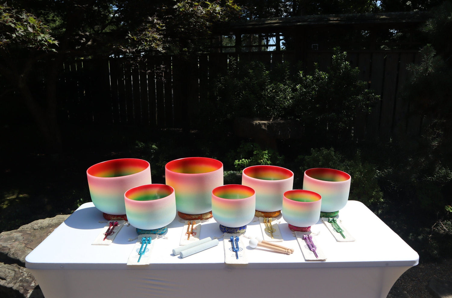 Myriad Melodies' Perfect Pitch (5 Cents) 432 Hz 8-14 Classic Rainbow Set - 10 Chakra Tuning Forks - 10 Crystal Attenuators - Cases