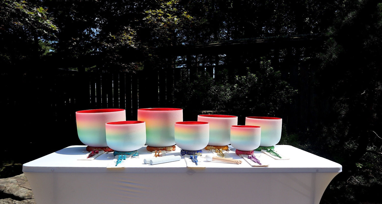 Myriad Melodies' Perfect Pitch (5 Cents) 432 Hz 8-14 Classic Rainbow Set - 10 Chakra Tuning Forks - 10 Crystal Attenuators - Cases