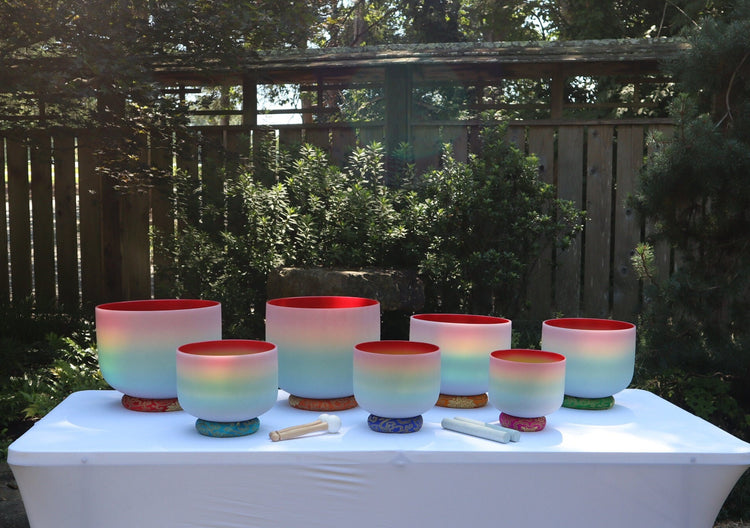 Myriad Melodies' Perfect Pitch (5 Cents) 432 Hz 8-14 Classic Rainbow Color Singing Bowl Set - 2 Cases, 2 Mallets, 2 Suede Strikers