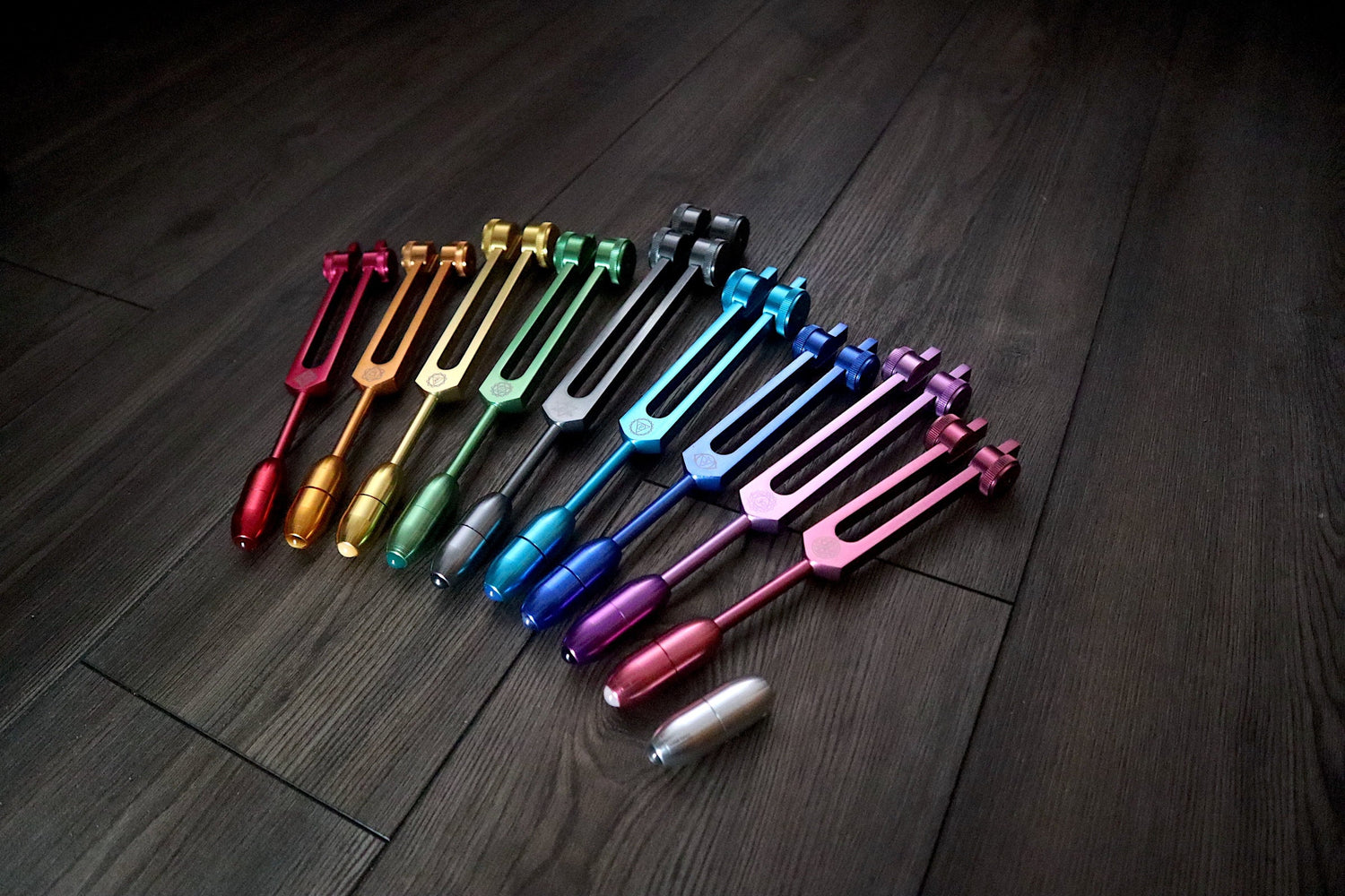 Myriad Melodies' Professionally Tuned .25 9pc Chakra Tuning Forks with 10pc Crystal Massage Attenuator Set - Biofield, Sound Vibration