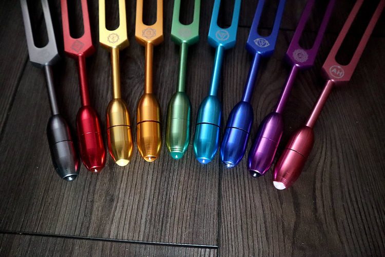 Myriad Melodies' Professionally Tuned .25 Secret Solfeggio - Classic 9pc Set - Chakra Printed Engrams, Attenuator Extenders, Weighted Boots